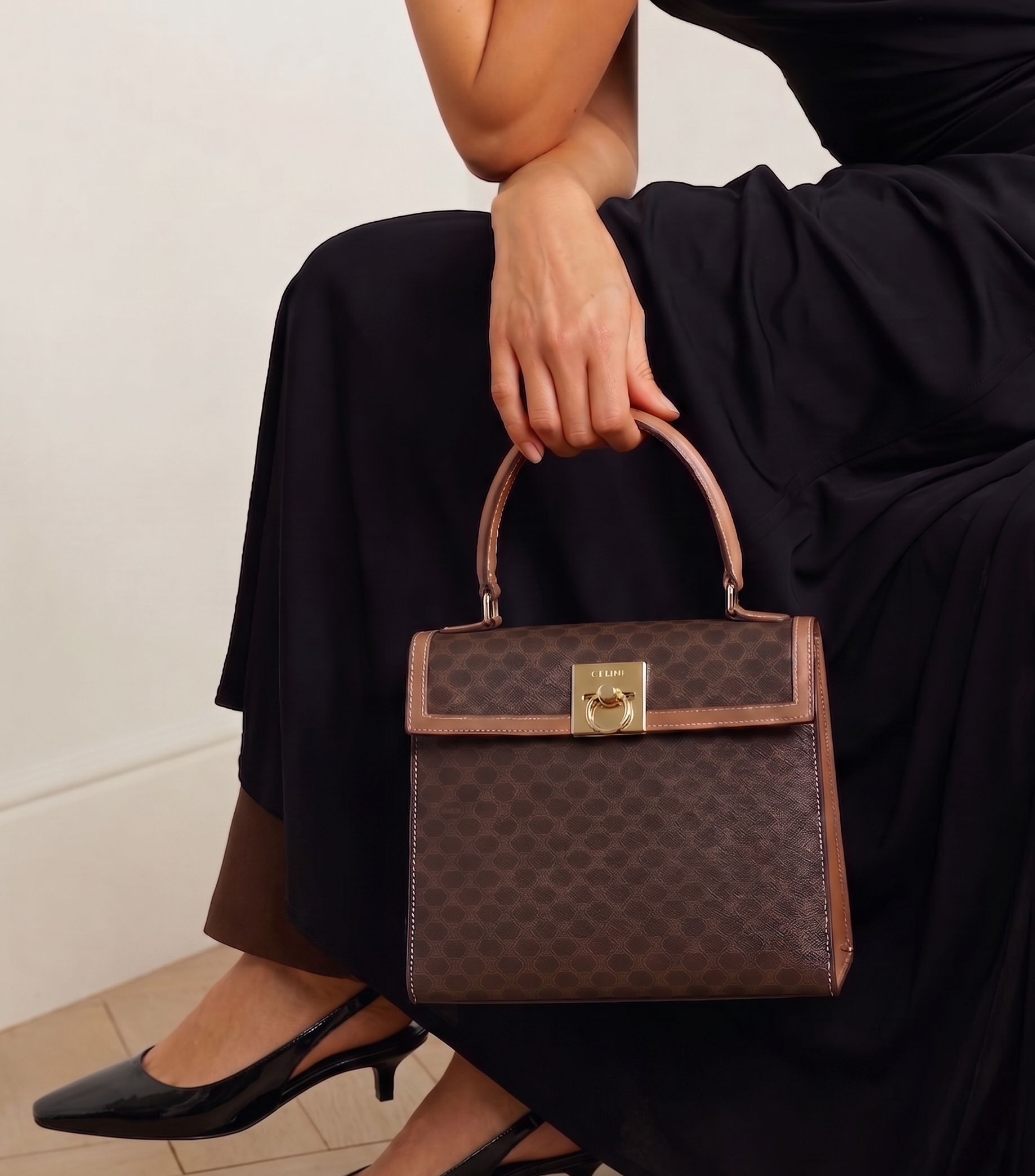 Celine Macadam Canvas Hand Bag Leather Brown