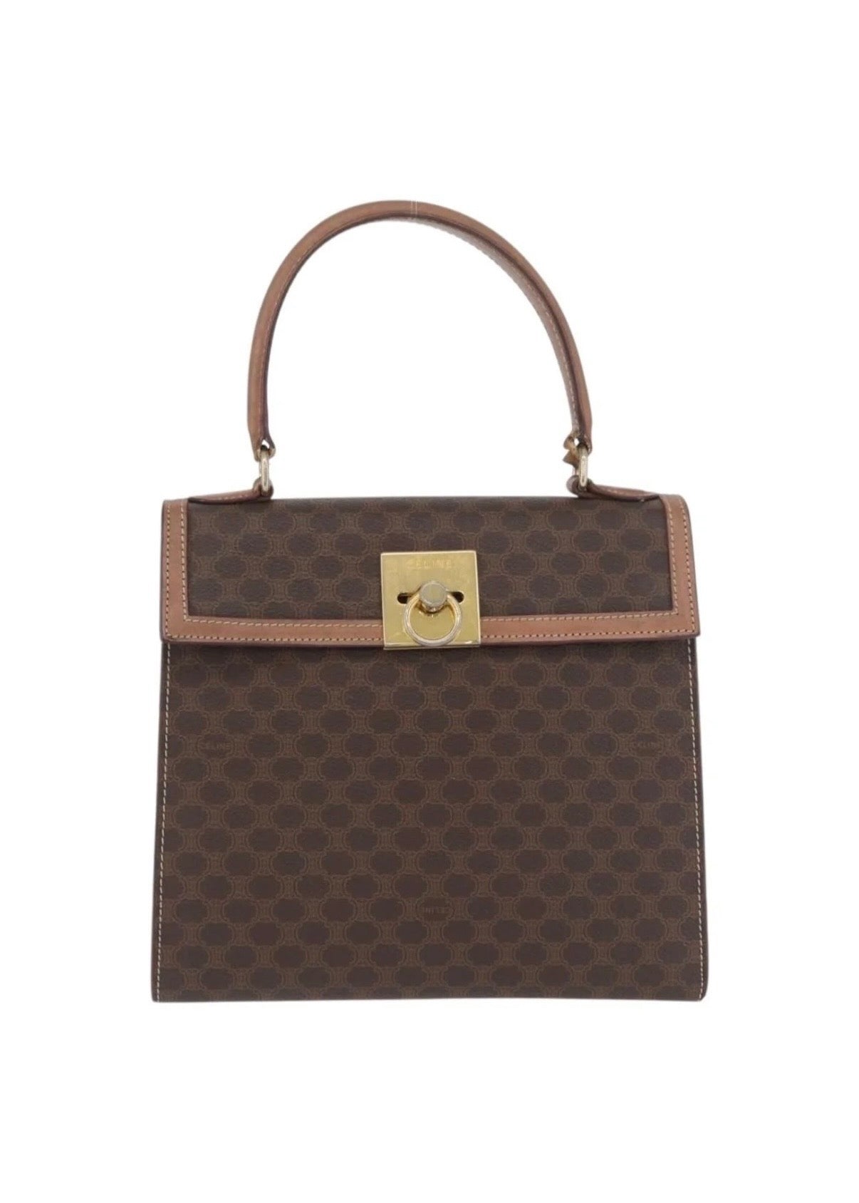 Celine Macadam Canvas Hand Bag Leather Brown