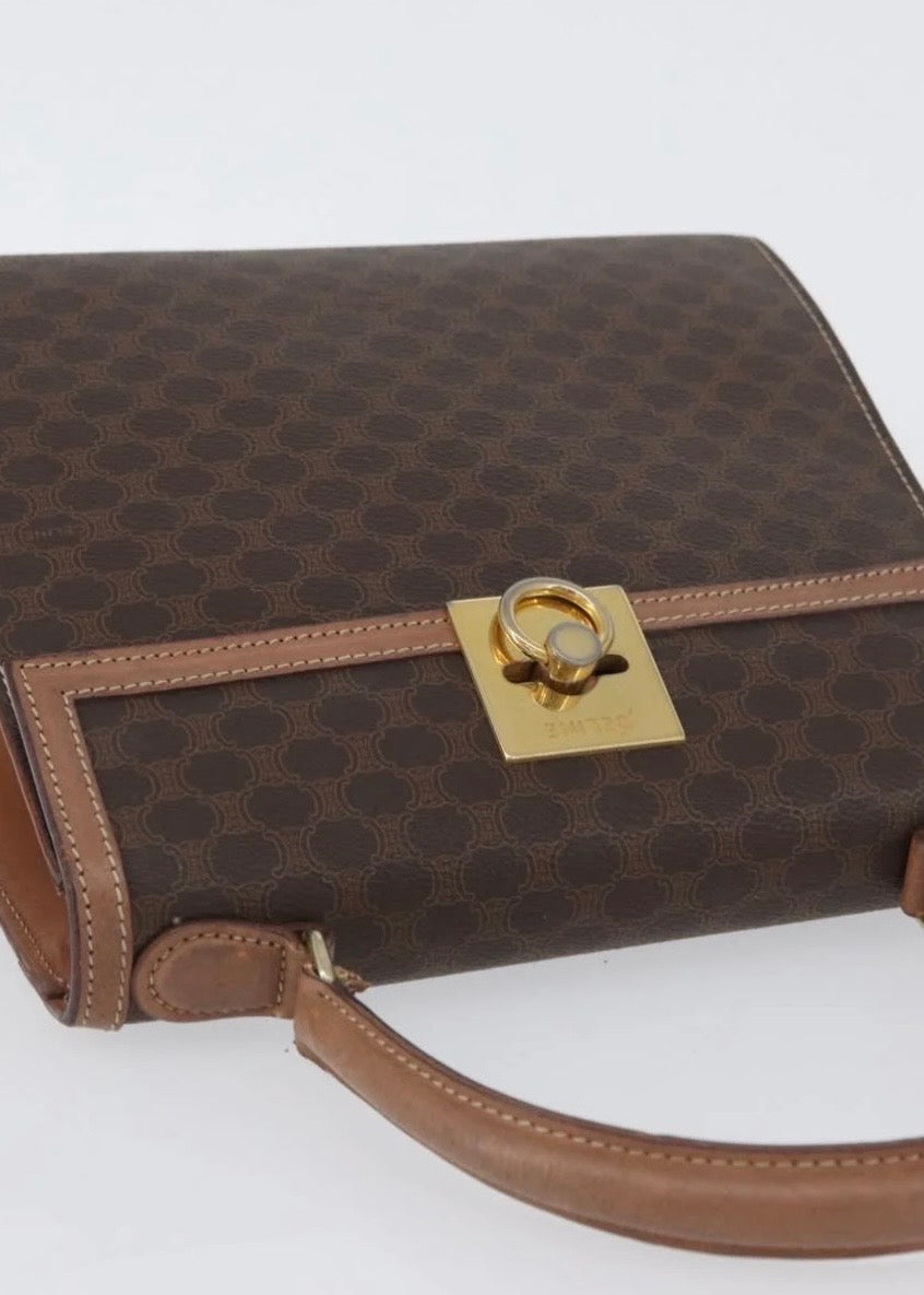 Celine Macadam Canvas Hand Bag Leather Brown