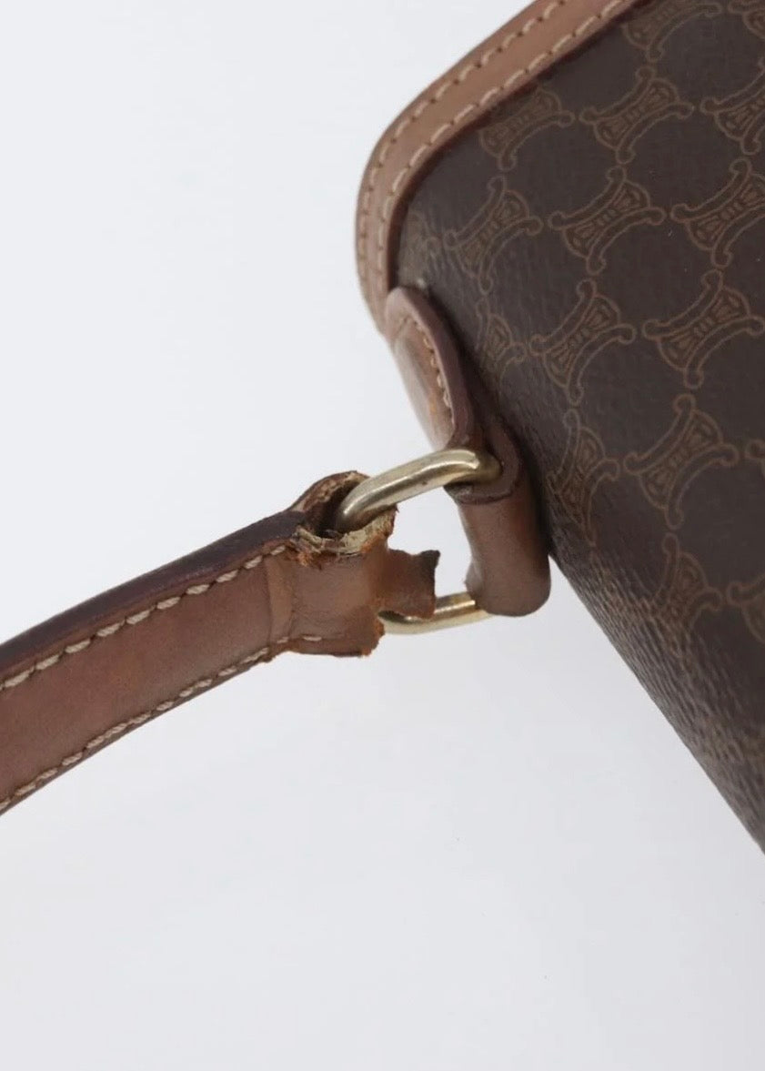 Celine Macadam Canvas Hand Bag Leather Brown
