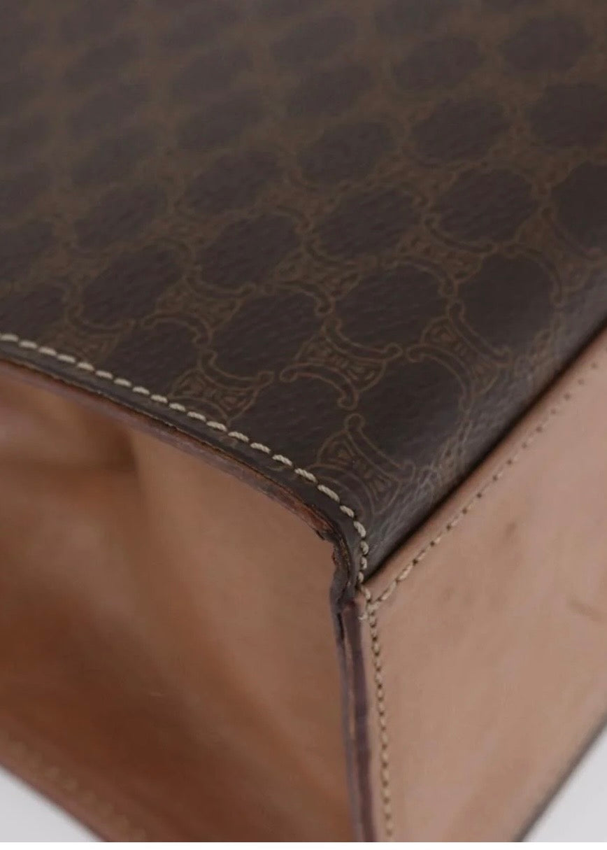 Celine Macadam Canvas Hand Bag Leather Brown