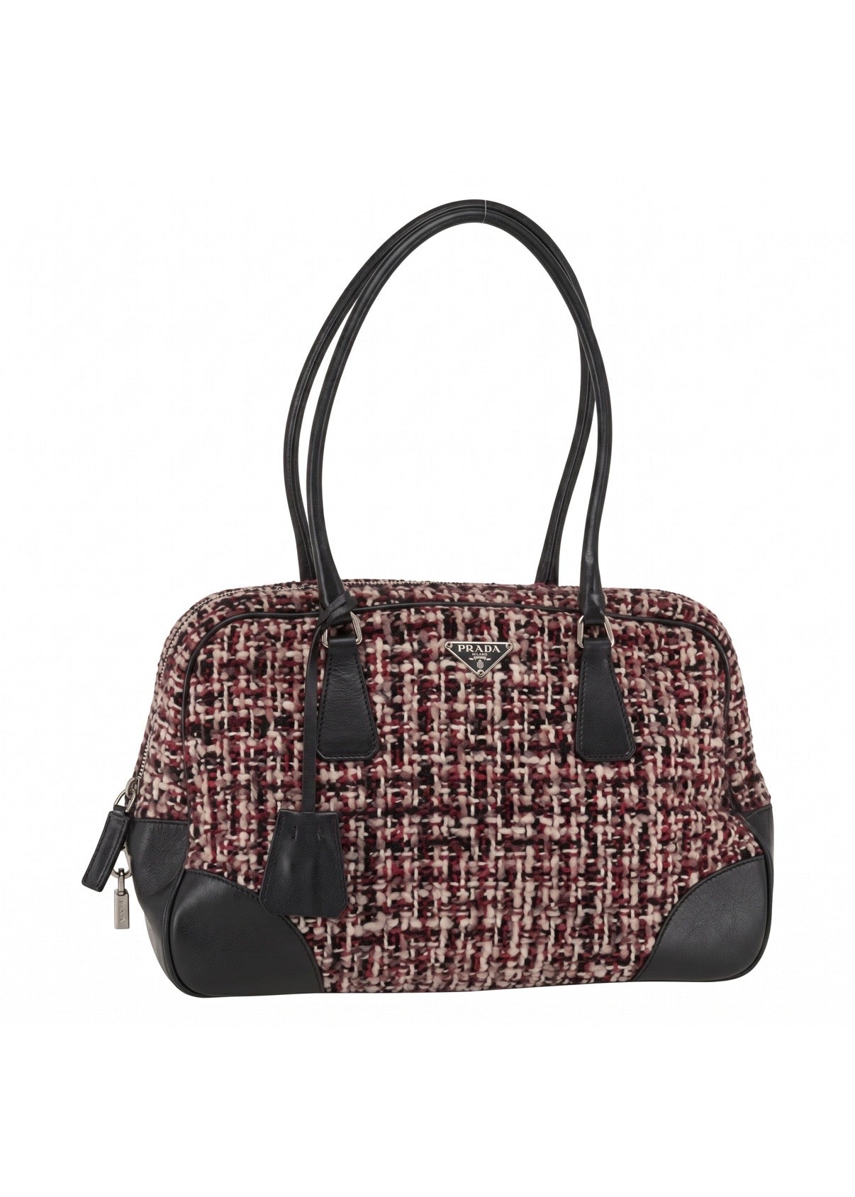 Prada Hand Bag Tweed Red Silver