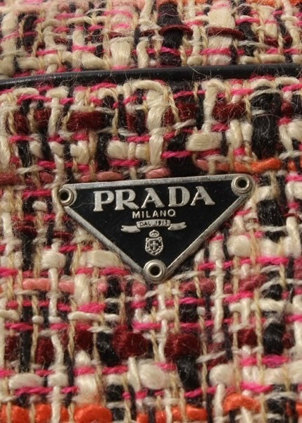 Prada Hand Bag Tweed Red Silver