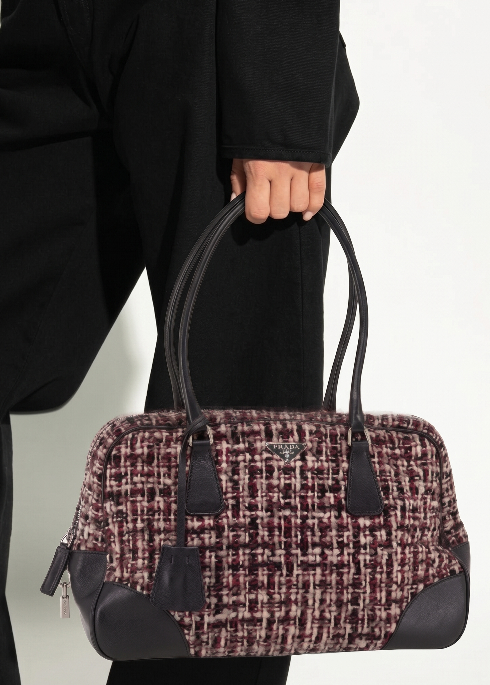Prada Hand Bag Tweed Red Silver